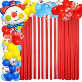 SmoothNovelty 57 Pcs Circus Carnival Party Decorations 2 Red and 1 Stripes Chiffon Backdrop Curtains 50 Circus Theme Balloons with Accessories for Farm Animal Circus Theme Birthday Party Photo Supply
