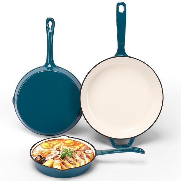 Nonstick Enameled Cast Iron Cookware - 3 Frying Pan Set