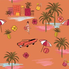 VEELIKE Orange Island Peel and Stick Wallpaper Hand Drawn Summer Beach Palm Trees Removable Wallpaper 17.7''x118'' Self Adhesive Nursery Wallpaper Wall Mural Orange Contact Paper for Bathroom Walls