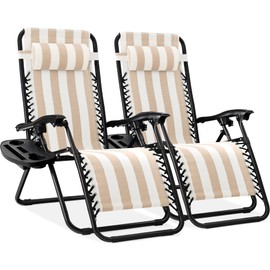 Best Choice Products Set of 2 Adjustable Steel Mesh Zero Gravity Lounge Chair Recliners w/Pillows and Cup Holder Trays - Tan Striped