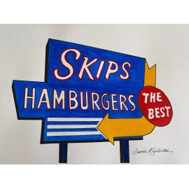 Unbranded Skips Hamburger Restaurant Road Sign, Merrimack Mass Poster Signed by NH Artist