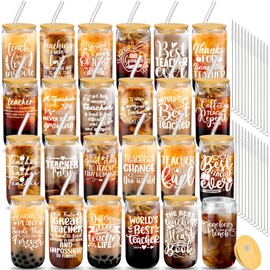 FoldTier 24 Sets Bulk Teacher Appreciation Gifts 16 oz Thank You Teacher Glass Cups with Lids Straws Cleaning Brushes(Lovely Style)
