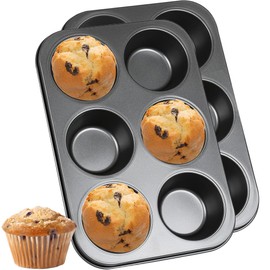 katmerio Pack of 2 Muffin Moulds, 6 Non-Stick Baking Trays, Carbon Steel Muffin Baking Tray, Dishwasher Safe, Non-Stick Coating Baking Tray for Cupcakes, Brownies, Cakes, 26 x 18 x 3 cm
