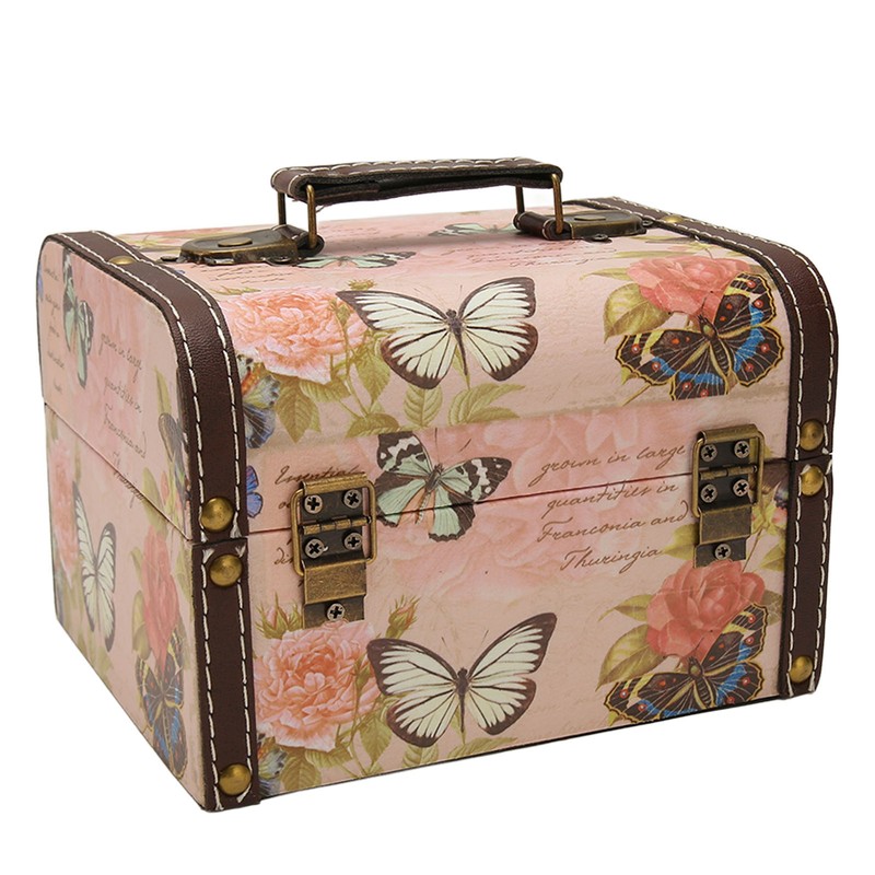 Treasure Chest Box Pink Butterfly Pattern Exquisite Retro Wooden PU