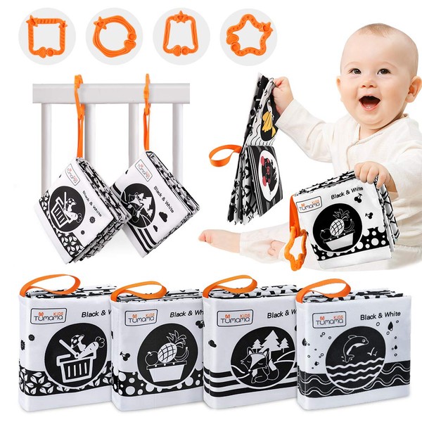 TUMAMA Soft Fabric Books for Babies, Toys for Newborns Black and White Activity Book with Animals, Fruits, Vegetables, Learning Toy Gift for Baby, Toddlers (4 Packs)