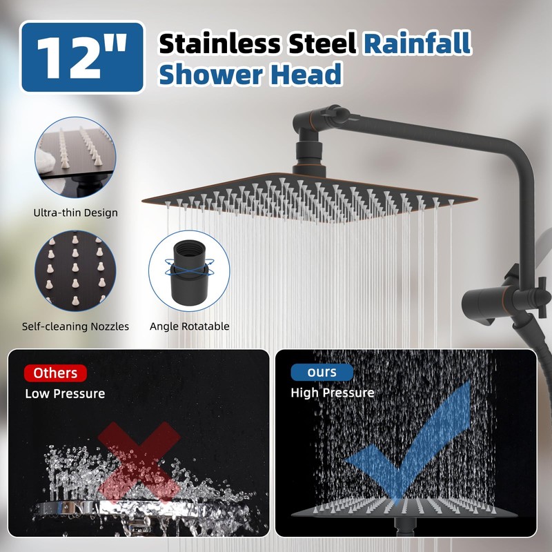 12" All Metal Shower Head, High Pressure 10-Spray Handheld Showerhead