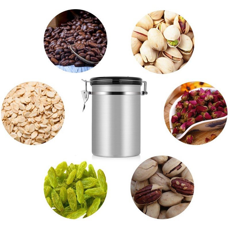 Coffee Container Large Airtight Stainless Steel Black Kitchen Storage Canister(Silver