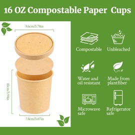 Giwrmu 16 Oz Paper Soup Containers with Lids 25 Pack Compostable Paper Soup Cups Biodegradable Bowls Disposable Paper Bowls Heavy Duty To Go Soup Container for Ice Cream, Yogurt, Cold and Hot Food