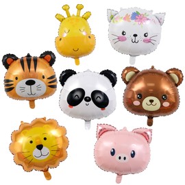 7 Pcs Animal Foil Balloons Set - Cute Bear Cat Giraffe Tiger Panda Pig Lion Head Balloons for Birthday Party Baby Shower Decorations, Jungle Safari Zoo Theme Wild One Celebration