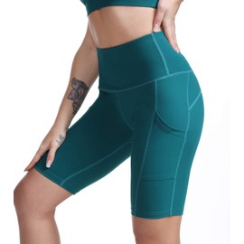 TYUIO Pantalones cortos de yoga de cintura alta para mujer, con control de abdomen, pantalones cortos de ciclista, Color verde azulado., S