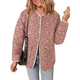 Tankaneo Womens Floral Lightweight Quilted Jacket Oversized Puffer Shacket Collarless Button Down Outerwear