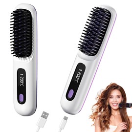 Go Brush Pro Hair Straightener & Curler 2-in-1 – Cordless Comb with Negative Ion, 4000mAh Fast Heating & Portable Travel Design, Rechargeable Brush for Straightening and Curling (1Pcs)