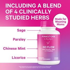 Pink Stork No Flow: Dry Up Breast Milk Supply with Sage, Parsley, and B Vitamins, Postpartum Essentials for Women to Stop Breastfeeding and Decrease Milk Production, 60 Capsules