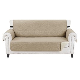 CUCRAF Non Slip Quilted Sofa Cover, Water Resistant Slipcover Furniture Protector for 2 Cushion Sofa Pet Friendly, Washable Couch Cover with Adjustable Elastic Straps (Medium-XL Loveseat, Khaki)