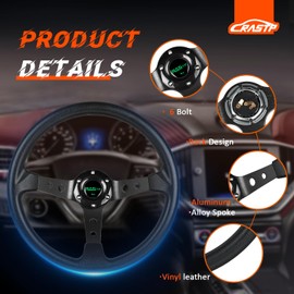 RASTP Universal Racing Steering Wheel,Drifting Deep Dish Steering Wheel 13.8”/350mm 6 Bolts Grip Vinyl Leather & Aluminum with Horn Button for Car -Black