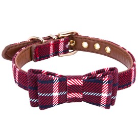 Puppy Collars for Small Dogs - StrawberryEC Adjustable Puppy Id Buckle Collar Leather. Cute Plaid Red Bowtie Dog Collar (Bow-Red)