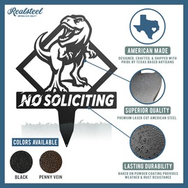 RealSteel Metal No Soliciting Sign for House - Large T-Rex Yard Stake - Front Porch Décor - Yard Decoration - Yard Sign - Outdoor Home Garden Décor - Patios (Black)