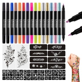 Oiomniv Temporary Tattoo Markers, 15PCS Body Markers Dual-End for Teens Adults, 62 Tattoo Stencils Temporary Tattoos Stickers, Glitter Metallic Matte Tattoo Pens, Flexible Brush Tip, Skin Safe
