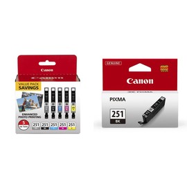 Canon CLI-251 BK/C/M/Y/GY 5 Color Value Pack & CLI-251 Black Compatible to iP7220,iP8720,iX6820,MG5420,MG5520/MG6420,MG5620/MG6620,MG6320,MG7120,MG7520,MX922/MX722 Printers