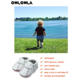 OWLOWLA Baby Moccasins Soft Sole Leather Baby Shoes Infant Toddler Pre-Walker Shoes Baby Boy Girl(Baseball,6-12months)