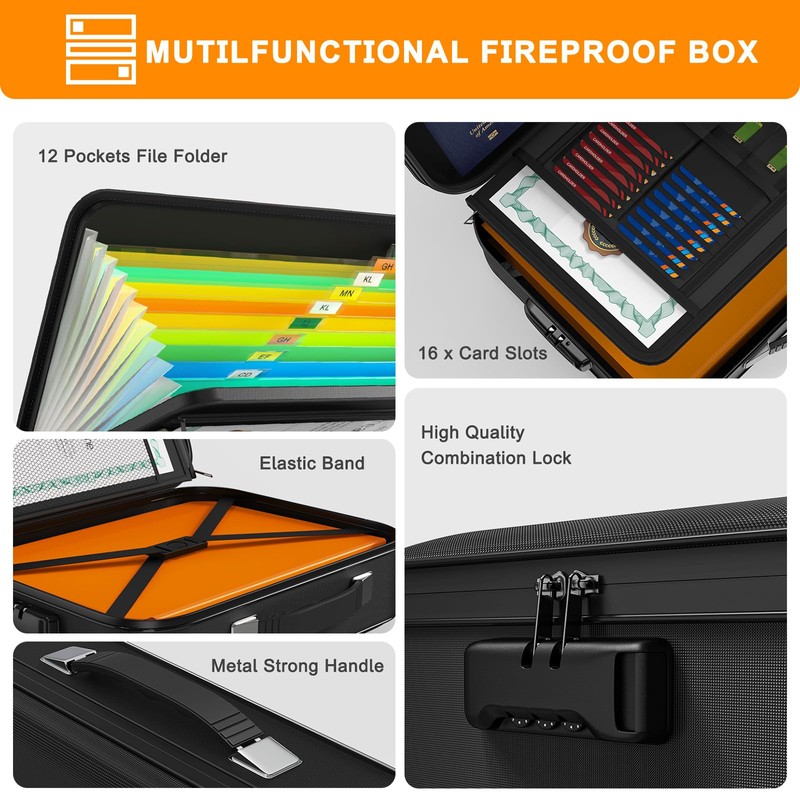 JUNDUN Fireproof Document Box,Hard Case Fireproof Document Organizer with Lock，Home