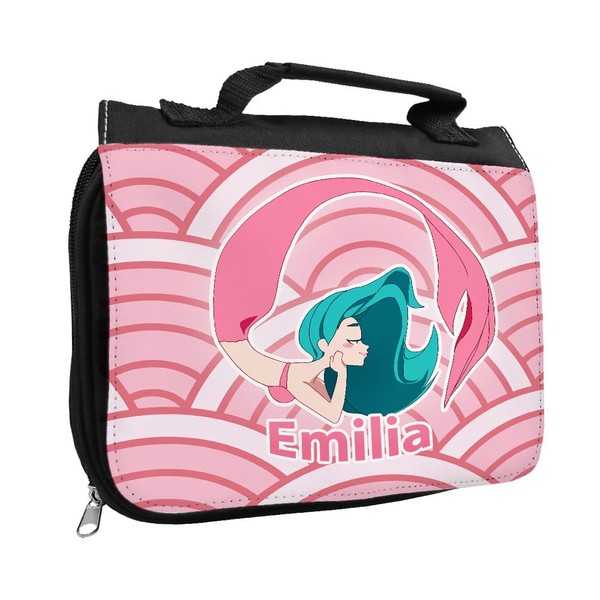 Girls Pink Toiletry Bag with Names Emilia and Mermaid Design