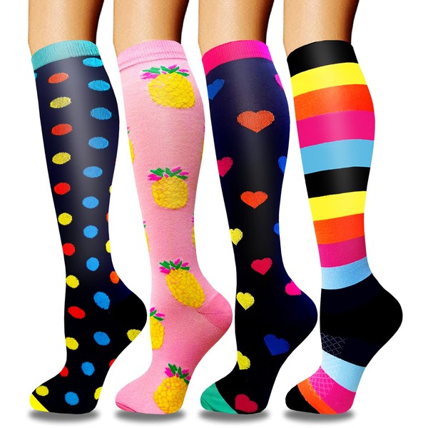 Actinput 4 Pairs of Compression Socks for Men and Women, Colourful Support Stockings, Compression Socks for Sports, Flying, Running, Travel, Cycling, Nurses (4102 – Pink, S–M)