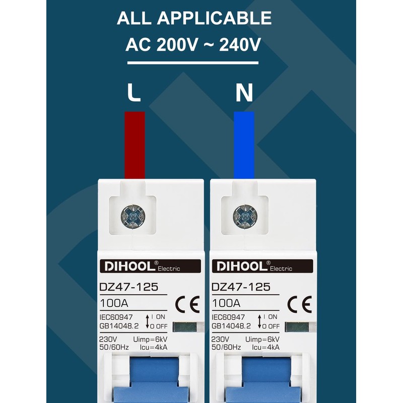 DIHOOL Miniature Circuit Breaker MCB, 1 Pole, 100Amp,230VAC,Type C
