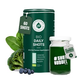 Hansegrün - Bio Daily All-in-One Shots (Pack of 60) - Superfood Powder for Immune System¹, Anti-Fatigue², Skin & Teeth ⁴ - Antioxidant Effect⁵ - 100% Real Ingredients for Quick Preparation