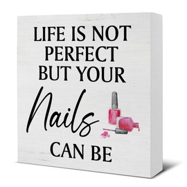 Nail Tech Gift - Nail Technician Gift Ideas - Rustic Life Is Not Perfect But Your Nails Can Be Wooden Sign Home Girls Bedroom Salon Beauty Shop Decor - 5 x 5 Inches