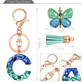 JINGUAZI Initial letter Keychains for Women Tassel Butterfly Pink Purple Cute Car Keychain for Wallet Backpack bag charm (C-Blue Green)