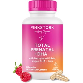 Pink Stork Total Prenatal Vitamins with DHA, Folate, Iron, Choline, and Vitamin B12 - Prenatals for Women to Support Fetal Development, Pregnancy Essentials, Berry Essence, 60 Capsules, 1 Month Supply