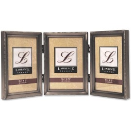 Lawrence Frames 3.5x5 Triple Pewter Picture Frame Vertical Hinged Metal Tabletop Display