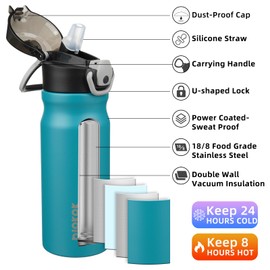BJPKPK 18oz Insulated Water Bottle with Straw Stainless Steel Double Wall Water Bottles BPA Free Leak Proof Thermal Flask with Lockable Flip Lid and Soft Silicone Spout,Laguna