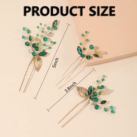 3PCS Bridal Hair Pin, Emerald Green Rhinestone Wedding Hair Accessories Gold Leaf Hair Pins U Shape Wedding Hair Clips Headpiece Hair Pieces for Brides Women Styling Wedding