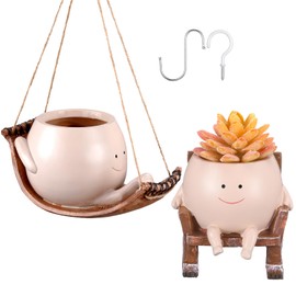 Honeydak 2 Pcs Smile Face Flower Pot Rocking Chair Gift for Christmas Flower Head Planters Resin Hanging Planter Pots with Drainage Holes for Indoor Outdoor Succulent Mother Gift(Simple Style)