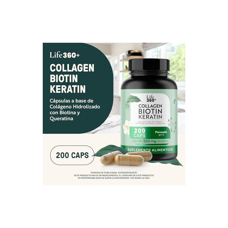 LIFE 360 Collagen Biotin Keratin 200 Cpsulas Biotina, Queratina y