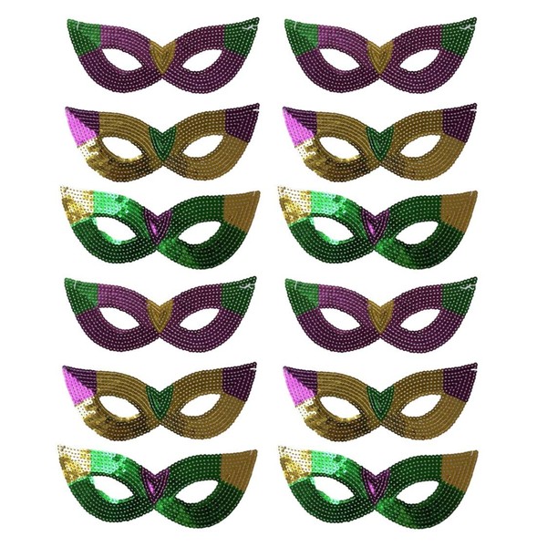 Purple, Green and Gold Sequin Mardi Gras Masks- 60 Pieces- Bulk Supply for Parties, Balls, and Parades!
