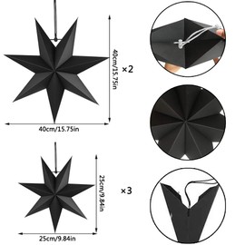 Pack of 5 Folding Star Christmas, 7 Points Paper Stars, 40 cm Paper Star Decoration, Paper Folding Stars, Christmas Paper Stars, Star for Hanging, Paper Stars 3D, Paper Stars for Hanging (Black)