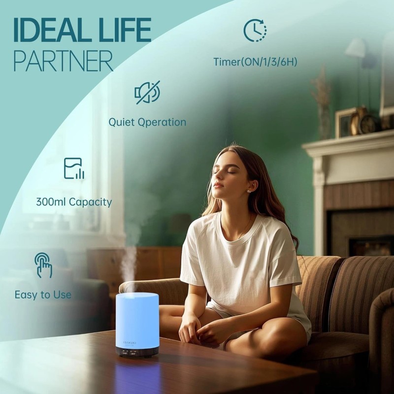 ASAKUKI 300ML Oil Diffuser | Quiet 5-in-1 Humidifier, 7-Color LED,