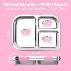 TOURPOR Stainless Steel Lunch Box 1000ml - 3 Compartment Bento Box for Kids & Adults, Leakproof Food Container, BPA-Free Metal Lunch Box with Silicone Seal, Eco-Friendly/Dishwasher Safe (Pink)
