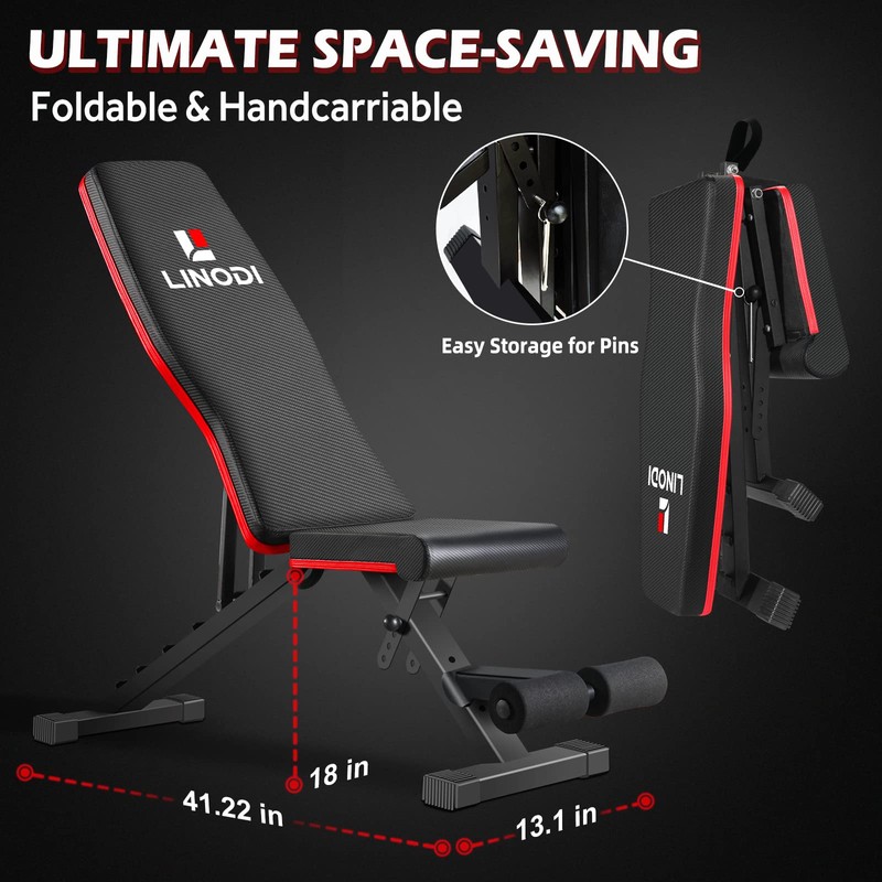 LINODI Adjustable Weight Bench for Home Gym，Foldable Incline Decline Flat