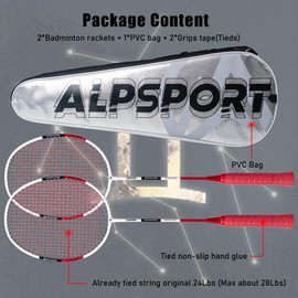 ALPSPORT Gemini 4U G5 Graphite Badminton Rackets Sets of 2, Composite Carbon Fiber Racquets with 1 PVC Bag, 2 Tied Grips Tapes, Padel Raket for Sports Training (Red)