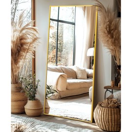 Delma Full Length Standing Mirror,Large Floor Mirror with Aluminum Frame for Bedroom, Bathroom, Living Room,Wall Mount or Freestanding Design(with Stand,Rect 75x35-Gold)