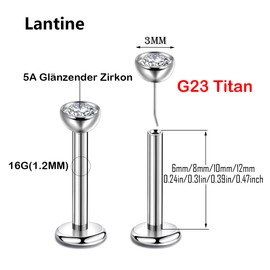Labret Piercing 16g (1.2mm) - G23 Titanium Pin with 3 mm Zirconia - 6 mm, 8 mm, 10 mm, 12 mm Bar Length - for Helix, Tragus, Cartilage, Monroe, Lip Piercing - Push-in without Thread, Includes
