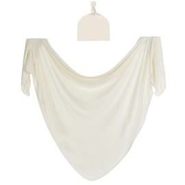 Bayceen Large Jersey Knitted Swaddle Blanket for Baby, Soft Stretchy Receiving Blanket for Newborns with Hat, Large 47 x 47 inches (Natural)