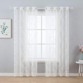 MIULE White Semi Sheer Lace Curtains 84 Inches Long for Bedroom, Embroidered Farm House Tulle European Retro Style, Grommet, 2 Panel Sets