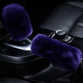 OGLAND Real Fluffy Fur Sheepskin Car Gear Shift Handle Level Stick Knob Covers for Automobile Selector Handball Collar, Handbrake Cover (Lilac)