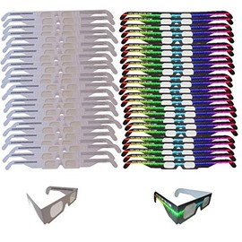 Fireworks Diffraction Glasses - 25 Rainbow Hearts (Plain White Frames) plus 25 Starburst Effect (Rave Waves Frames) - 50 Glasses Total for Fireworks, Holiday Lights, Wedding Receptions, Rave Events