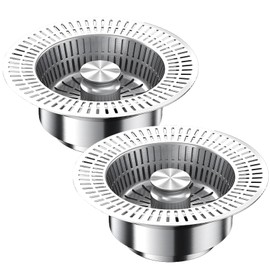 NSRHMJ Sink Drain Strainer, Kitchen Stainless Steel Sink Stopper with Strainer, Upgraded Universal 3 in1 Pop Up Anti-Clogging Sink Strainer Basket fit US Standard 3-1/2'' Drain (2 PCS Stainless Steel)